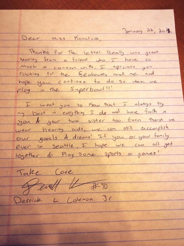 The letter Coleman wrote to a deaf fan.