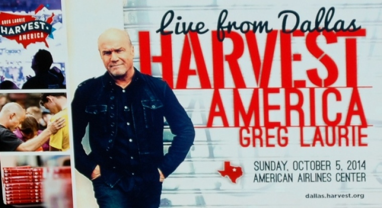 Pastor Greg Laurie, the senior pastor of Harvest Christian Fellowship in Riverside, Calif., announces Dallas, Texas, as the host city for Harvest America on Oct. 5. Image captured on the Jumbotron at the American Airlines Center in Dallas, Texas, Jan. 28, 2014.