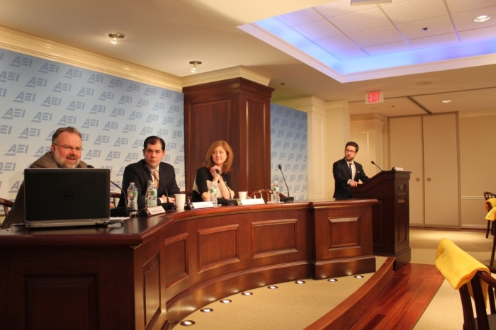 Matthew Ladner, senior advisor of Policy and Research at the Foundation for Excellence in Education, addresses a panel at The American Enterprise Institute on Thursday, January 30, 2014. Andy Smarick, of Bellwether Education Partners, Kara Kerwin, with the Center for education Reform, and AEI's Michael McShane, panel moderator, look on.