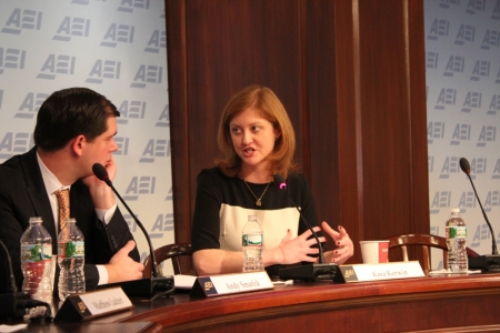 Kara Kerwin, president of The Center for Education Reform, speaks at an American Enterprise Institute panel on school choice, Thursday January 30, 2014. Andy Smarick, with Bellwether Education Partners, looks on.