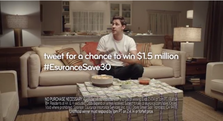 Esurance's post-Super Bowl ad promises to give .5 million to one person who sends out a message on Twitter using the hashtag #EsuranceSave30.