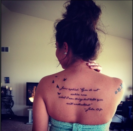 Janina Gavankar Cross Writing Spine Tattoo  Steal Her Style