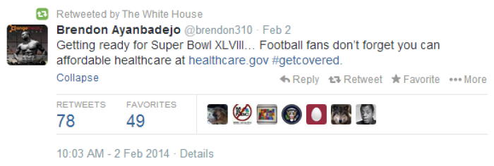 The White House retweeted this message in support of Obamacare, sent by former Baltimore Ravens linebacker Brendon Ayanbadejo on Super Bowl Sunday.