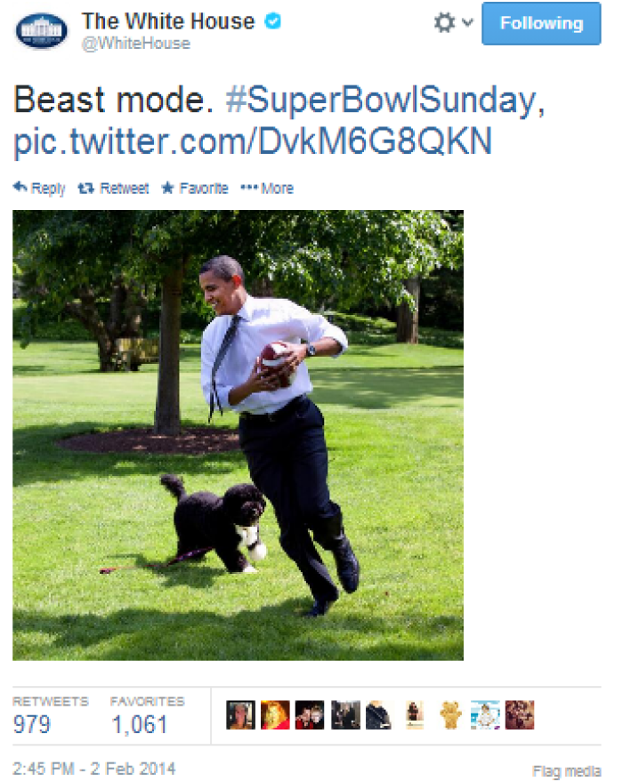 The White House tweeted this photo of President Barack Obama playing football, on Super Bowl Sunday.
