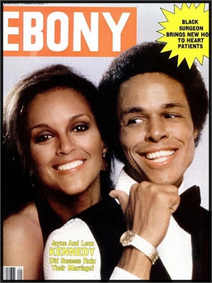 Actor-turned-evangelist, Leon Kennedy (r) and his first wife, Jayne Kennedy Overton (l) on the cover of Ebony magazine during the 1980s.
