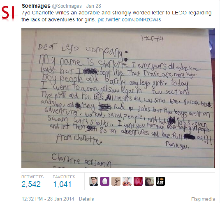 In this tweet, The Society Pages shares a letter from 7-year-old Charlotte Benjamin to the Lego company, requesting more active female mini-figures.