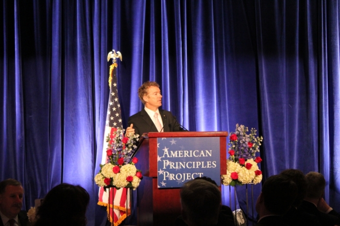 Kentucky Republican Senator Rand Paul addresses the American Principles Project Annual Gala in Washington, DC on Wednesday night.