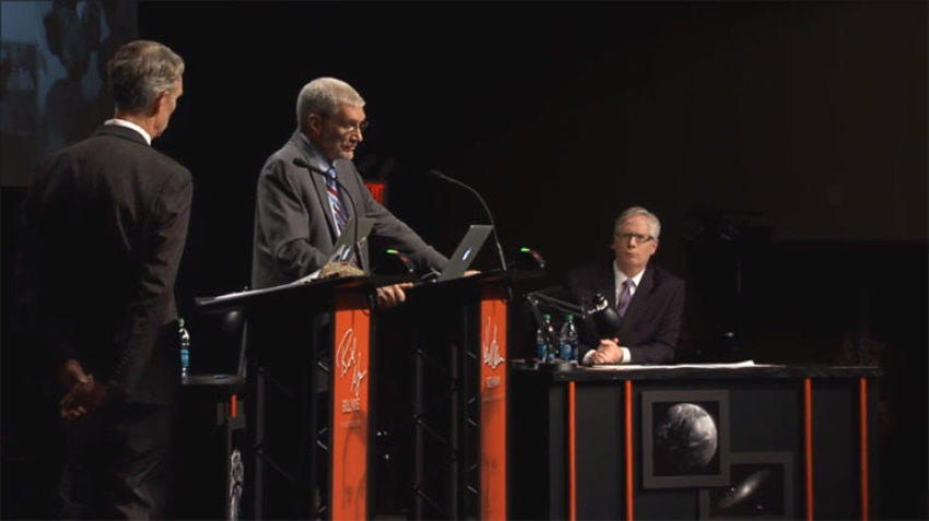 Ken Ham (center), president of Answers in Genesis, debates Bill Nye (left) "The Science Guy" on Feb. 4, 2014.