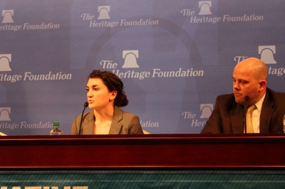 Sarah Torre, a Heritage Foundation scholar, speaks at The Heritage Foundation on Monday. Alliance Defending Freedom Senior Counsel Austin Nimocks looks on.