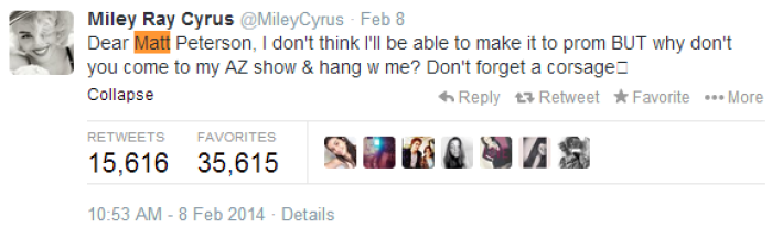 In this tweet, Miley Cyrus rejects a prom date with the fan who proposed while naked on a hilltop.
