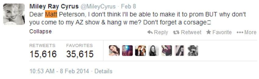 In this tweet, Miley Cyrus rejects a prom date with the fan who proposed while naked on a hilltop.