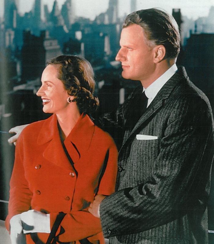 Ruth and Billy Graham stand together at a crusade in New York City.