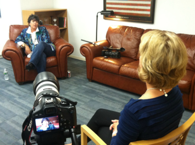 Gail (left) sits down for an interview with Jennifer Lahl, president of The Center for Bioethics and Culture, during the making of the film, 'Breeders: A Subclass of Women?'