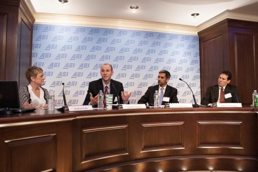 A panel discussion at the American Enterprise Institute, "Connecting orphans with families: New insights from the front lines," featuring (L to R) Kathryn Edin, Aaron Graham, Jason Weber, Matt Weidinger, Washington, D.C., Feb. 12, 2014.