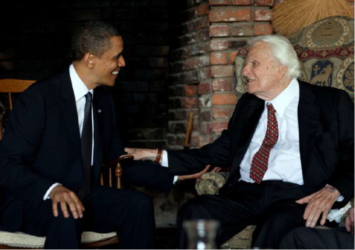 Prominent Evangelist Billy Graham meets with President Barack Obama. Graham biographer Hanspeter Nuesch explained that even though he rubbed shoulders with famous people, Graham did not stress fame - he even told the president to all him back because he was speaking with his maid.