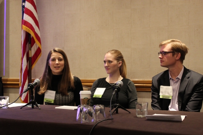 Elise Amyx, manager of special projects, moderated the Christianity and Libertarianism panel at the International Students for Liberty Conferencein Washington, DC on Saturday. Jacqueline Isaacs and Taylor Barkley look on.