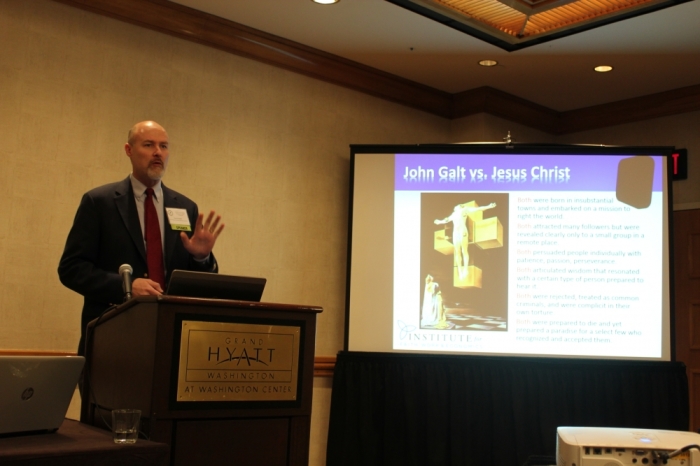 David Kotter, visiting fellow scholar at The Institute for Faith, Work, and Economics, presents the arguments for the similarity between Ayn Rand's Libertarian hero John Galt and Jesus Christ, at the International Students for Liberty Conference in Washington D.C. Feb. 15, 2014.