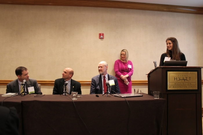 Mark Henderson speaks at the Ayn Rand vs. Jesus Panel at the International Students for Liberty Conference as William Thomas, David Kotter, Anne Bradley, and Elise Amyx look on, in Washington D.C. Feb. 15, 2014.