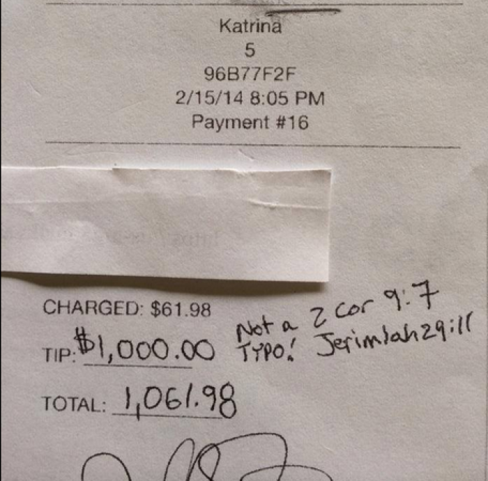 A receipt showing a generous tip and two scripture references, on February 15, 2014 at Maui Brick Oven in Hawaii.