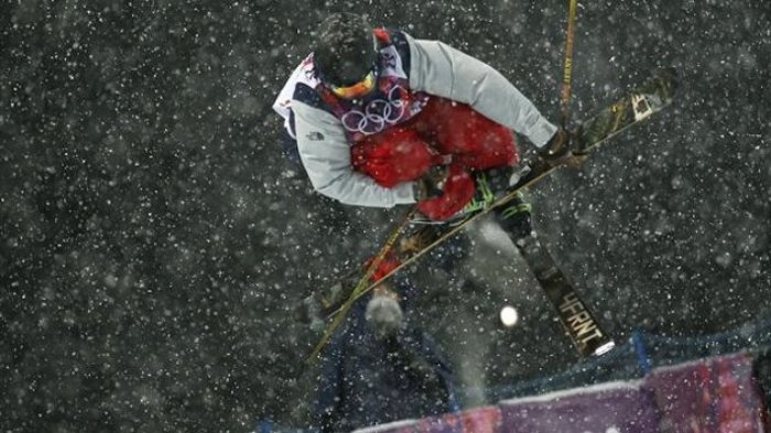 David Wise of the US competes during the men's freestyle skiing halfpipe.
