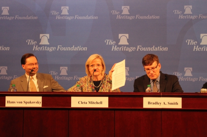 Lawyer Cleta Mitchell speaks at the IRS targeting panel at The Heritage Foundation in Washington, DC on Friday. Bradley A. Smith and Eliana Johnson look on.