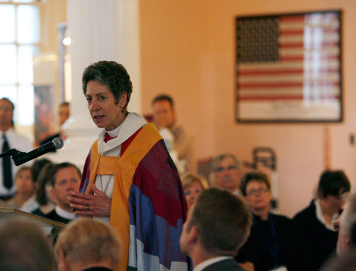 The Most Rev. Dr. Katherine Jefferts Schori, Presiding Bishop, gives her sermon at St. Paul's church during ceremonies marking the 10th anniversary of the 9/11 attacks on the World Trade Center, in New York, September 11, 2011.
