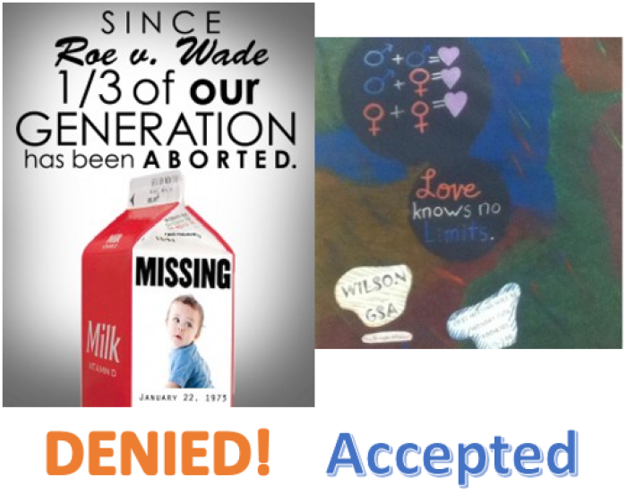 (Left) A flyer the Wilson High School Administration did not allow Students for Life to pass out. (Right) A poster for the Gay-Straight Alliance allowed by the administration.