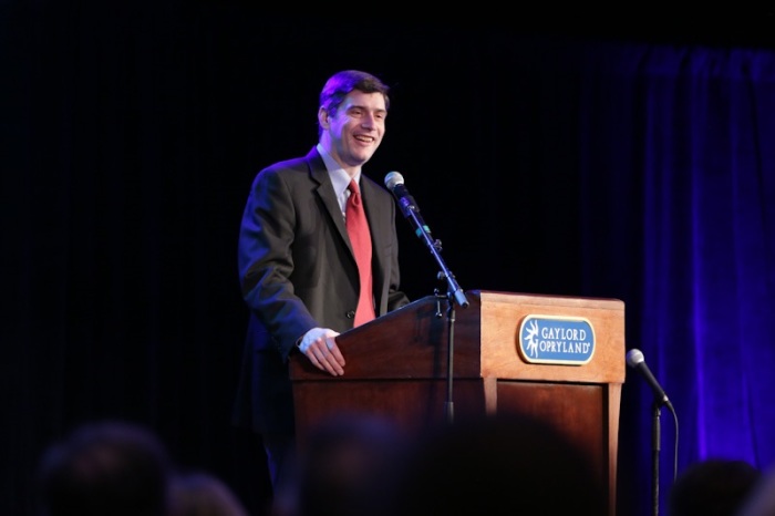Will Graham delivers message from grandfather Billy Graham during BGEA's breakfast at the National Religious Broadcasters Convention, Feb. 24, 2014.
