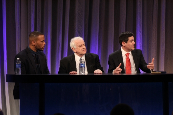 DeVon Franklin (L), Michael Harrison, and Russell Moore (R) speaking at a panel in Nashville at the National Religious Broadcasters' International Christian Media Convention on Feb. 24, 2014.
