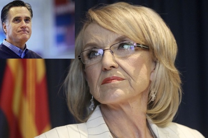 GOP presidential nominee, Mitt Romney (inset) urged Republican Gov. Jan Brewer of Arizona (pictured) to veto the states controversial religious freedom bill SB 1062 on Tuesday because it is the 'right' thing to do.