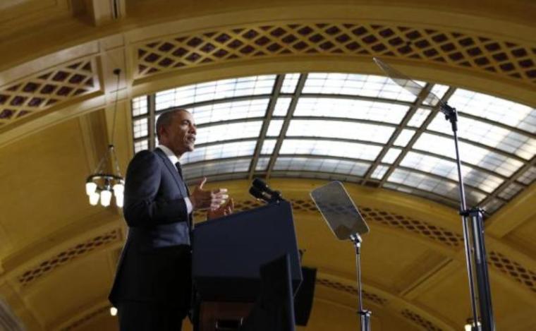 U.S. President Barack Obama speaks at Union Depot in St. Paul, Minn., Feb. 26, 2014.