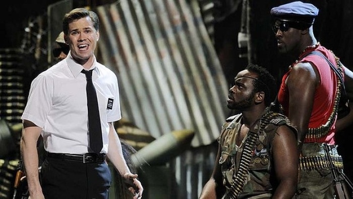 Actor Andrew Rannells (L) performs a scene from 'The Book of Mormon.'