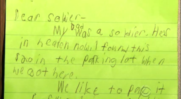 Myles Eckert, 8, gave wrapped inside a note to Lt. Col. Frank Dailey at a Cracker Barrel in Toledo, Ohio. Myles said he gave Dailey the money he found and the note, 'because he was a soldier, and soldiers remind me of my dad.'