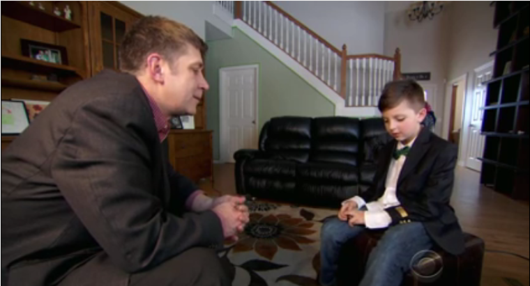 CBS' Steve Hartman interviews 8-year-old Myles Eckert, who gave wrapped inside a note to Lt. Col. Frank Dailey at a Cracker Barrel in Toledo, Ohio. Myles said he gave Dailey the money he found and the note, 'because he was a soldier, and soldiers remind me of my dad,' in this 'On the Road' CBS news report that aired on Feb. 28, 2014.