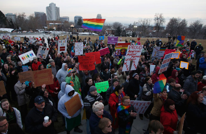 Supporters of same-sex marriage rally at Utah's State Capitol building in Salt Lake City, Utah January 28, 2014.