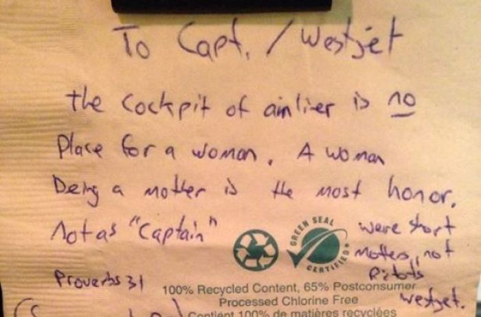David left a note for Capt. Carey Smith Steacy on her flight from Calgary, Albert to Victoria, British Columbia in March 2014 trying to justify sexist prejudices with Proverbs 31.