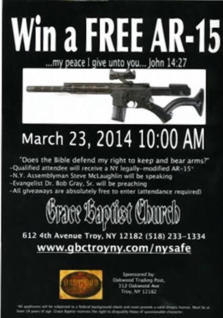 The flyer for Grace Baptist Church, who is raffling an AR-15 rifle at their Sunday service March 23, 2014 in Troy, New York.