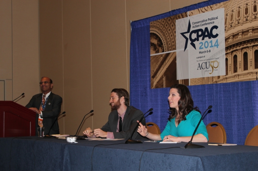 Colorado State Rep. Janak Joshi and radio producer Chris Beach laugh with "Blogger of the Year" Mary Katharine Ham at the marijuana panel at the Conservative Political Action Conference in National Harbor, Md., March 7, 2014.