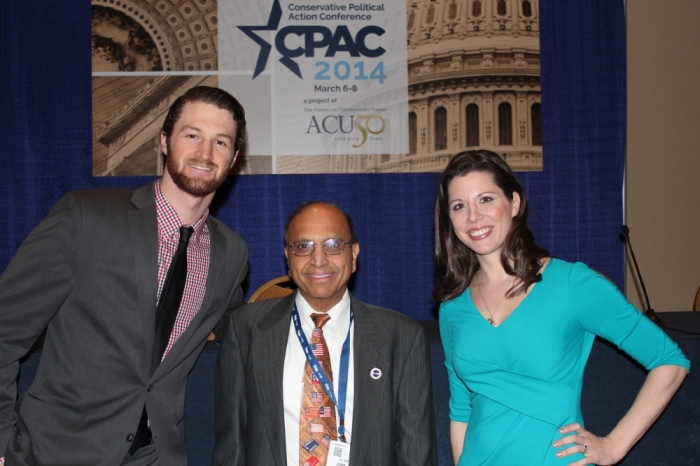 Left-to-Right: Radio producer Chris Beach, Colorado State Rep. Janak Joshi, and 'Blogger of the Year' Mary Katharine Ham. All three spoke on the marijuana panel at the Conservative Political Action Conference in National Harbor, Md., March 7, 2014.
