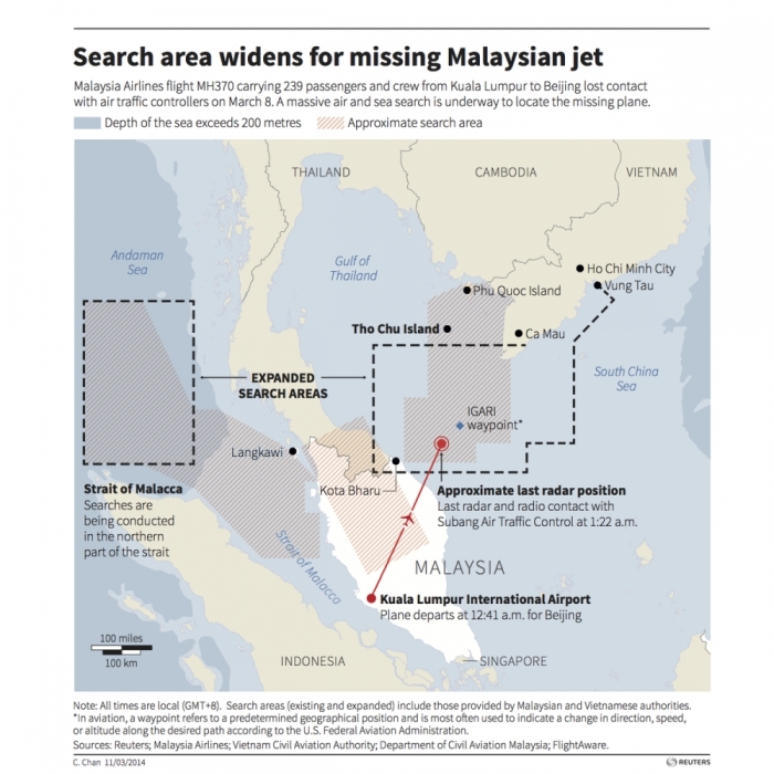 Map showing known flight path of Malaysia Airlines flight MH370 which went missing carrying 239 passengers and crew.
