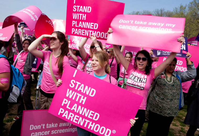 Members of Planned Parenthood, NARAL Pro-Choice America and more than 20 other organizations hold a 'Stand Up for Women's Health' rally in support of abortion in Washington, D.C. April 7, 2011.