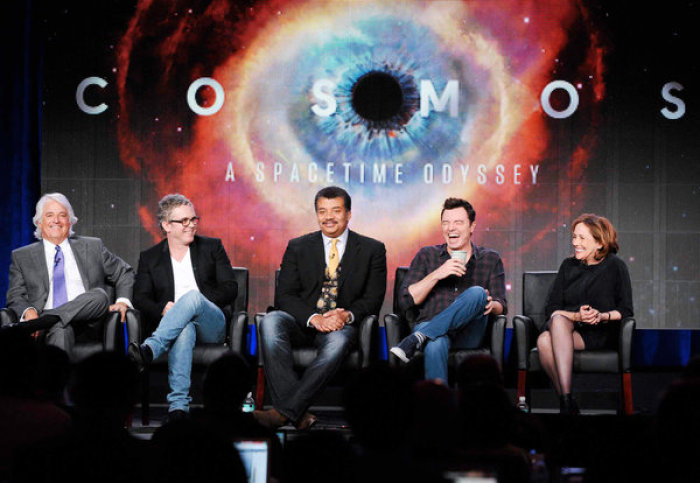 Members of the series's team, from left: Mitchell Cannold, Brannon Braga, Neil deGrasse Tyson, Seth MacFarlane and Ann Druyan present their new show in this undated photo.