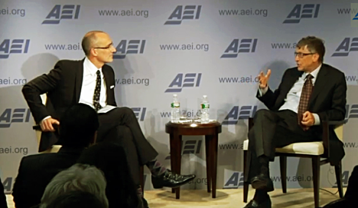 Bill Gates, Microsoft founder and co-founder of the Bill and Melinda Gates Foundation, speaks to Arthur Brooks, president of the American Enterprise Institute, at AEI in Washington, D.C. on Thursday, March 13, 2014.