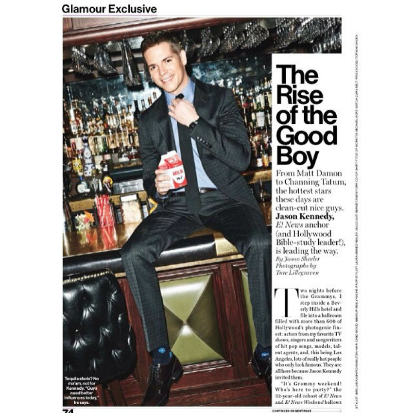 "E!" news anchor and Christian Jason Kennedy appears in the March 2014 issue of Glamour magazine.