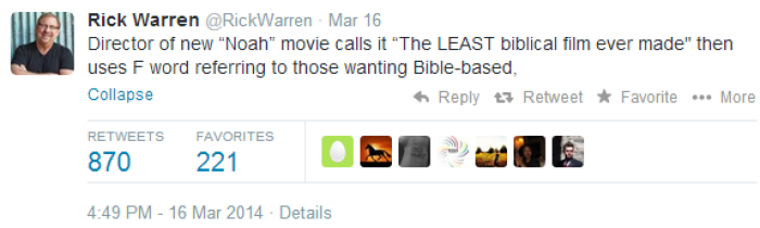 Rick Warren posted to Twitter about the film 'Noah' on March 16, 2014.