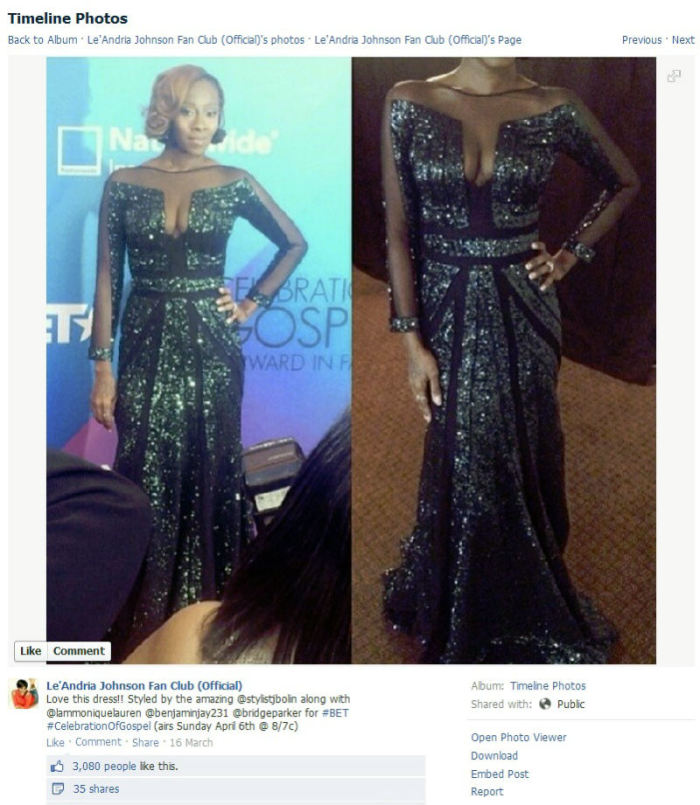 Le'Andria Johnson, award-winning gospel recording artist and Christian minister, is seen in a photo shared on Facebook March 16, 2014. Johnson's dress has prompted questions from some of her fans due to its revealing nature.
