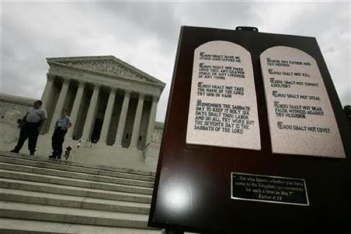 Tablets depicting the Ten Commandments placed outside the Supreme Court during a vigil by a religious group in a file photo. The division between church and state is a core principle of American democracy, but courts have long struggled to find exactly where the dividing line falls.