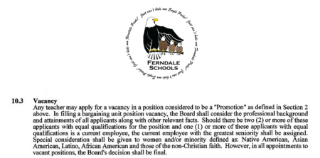 The language in the contract between Ferndale Public Schools and the teachers union which has been attacked as "anti-Christian." These rules explicitly stipulate that "special consideration shall be given...to those of the non-Christian faith."