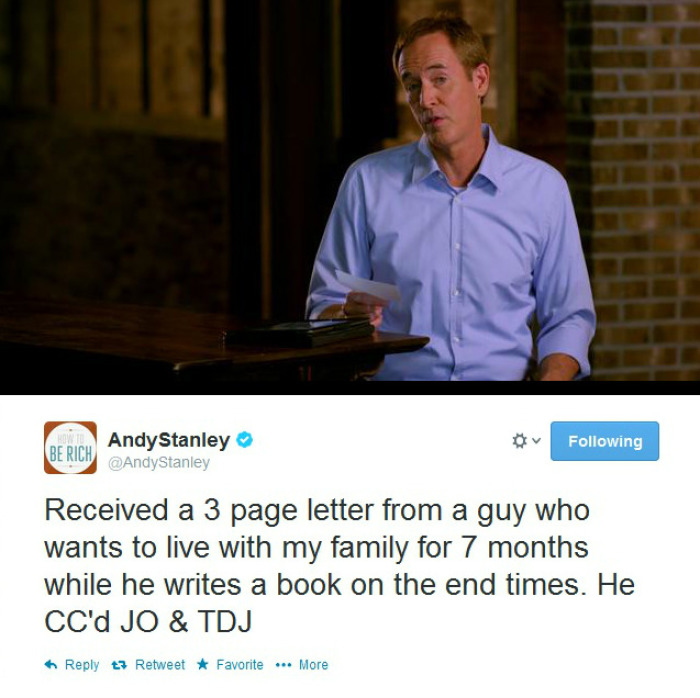 Andy Stanley, pastor of North Point Community Church, tweeted his first comment on Twitter on Aug. 20, 2009, under the account name ?@AndyStanley.