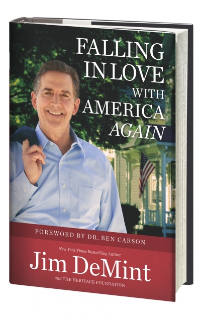 The book cover for Former Senator and current president of the Heritage Foundation Jim DeMint's new book, 'Falling In Love With America Again'